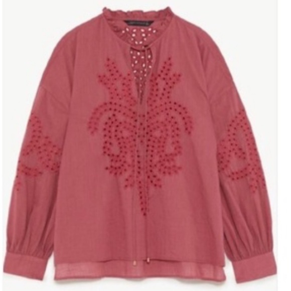 Zara Woman Eyelet Tassel Blouse Top  XS Peasant Boho Ruffle Neck NEW 667 - Picture 2 of 6